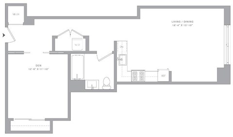 Floor plan for studio, 1 bath, 676 sqft