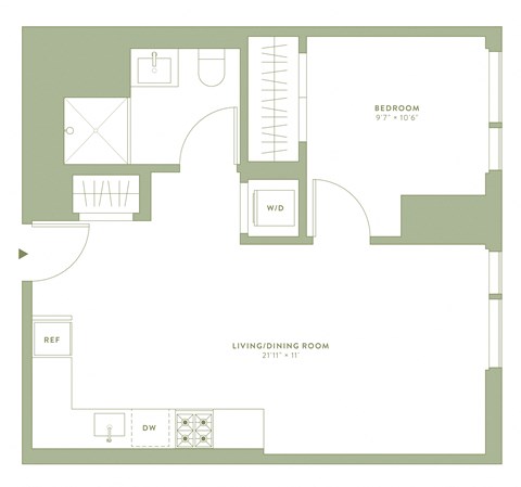 Floor plan for 1 bed, 1 bath, 572 sqft