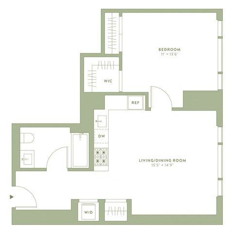 Floor plan for 1 bed, 1 bath, 720 sqft