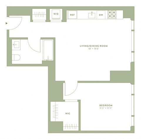 Floor plan for 1 bed, 1 bath, 728 sqft