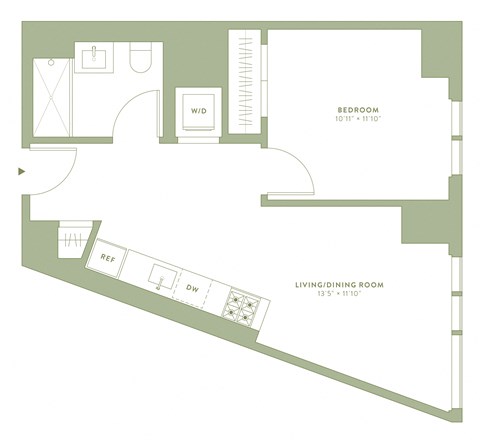 Floor plan for 1 bed, 1 bath, 574 sqft