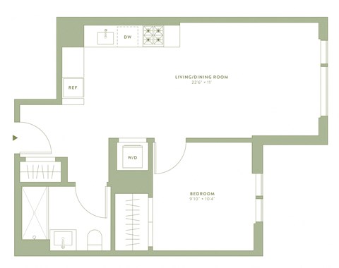 Floor plan for 1 bed, 1 bath, 584 sqft