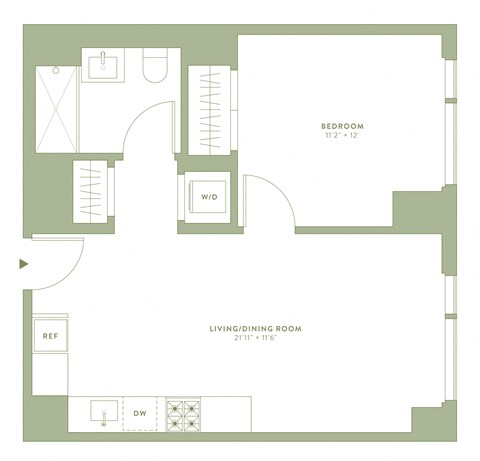 Floor plan for 1 bed, 1 bath, 617 sqft