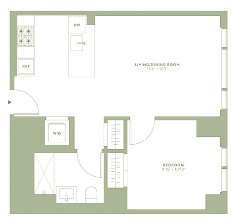 Floor plan for 1 bed, 1 bath, 651 sqft