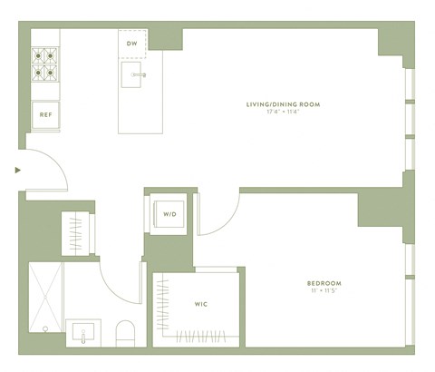 Floor plan for 1 bed, 1 bath, 657 sqft