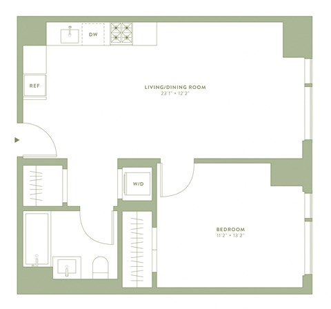Floor plan for 1 bed, 1 bath, 663 sqft