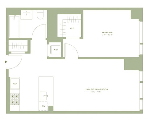Floor plan for 1 bed, 1 bath, 671 sqft