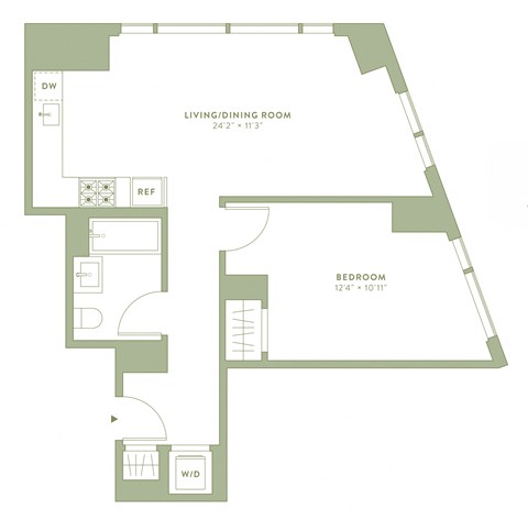 Floor plan for 1 bed, 1 bath, 719 sqft