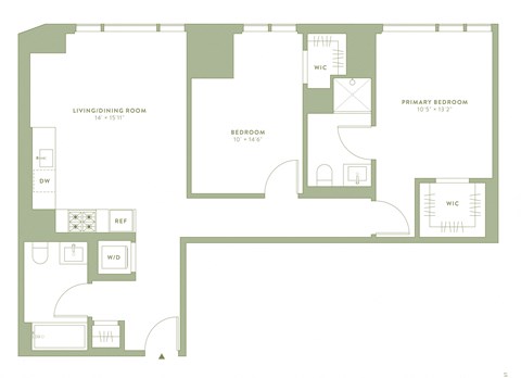 Floor plan for 2 beds, 2 baths, 999 sqft