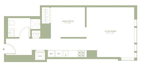 Floor plan for studio, 1 bath, 612 sqft