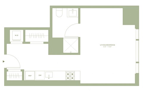 Floor plan for studio, 1 bath, 477 sqft