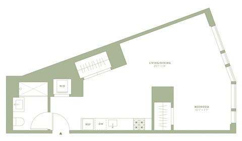 Floor plan for studio, 1 bath, 602 sqft