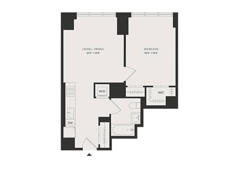 Floor plan for 1 bed, 1 bath, 635 sqft