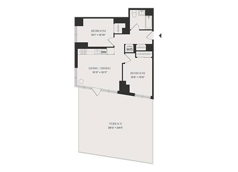 Floor plan for 1 bed, 1 bath, 613 sqft