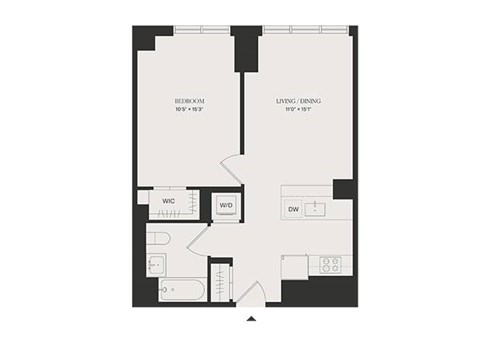 Floor plan for 1 bed, 1 bath, 628 sqft