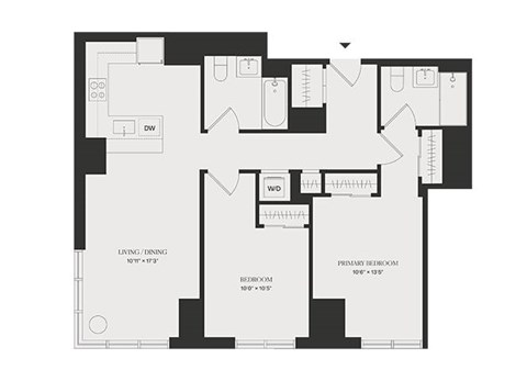 Floor plan for 2 beds, 2 baths, 991 sqft