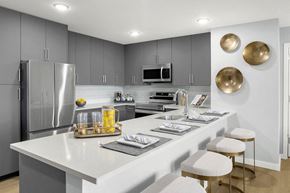 Secaucus apartment for rent - Interior photo showing a typical kitchen in an apartment at RVR, featuring Luxury Vinyl plank flooring,. Modern gray cabinetry, stainless steel appliances and white quarts countertops.
