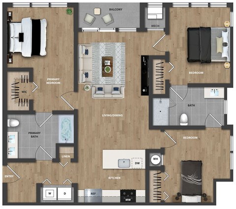Floor plan for 3 beds, 2 baths, 1146 sqft