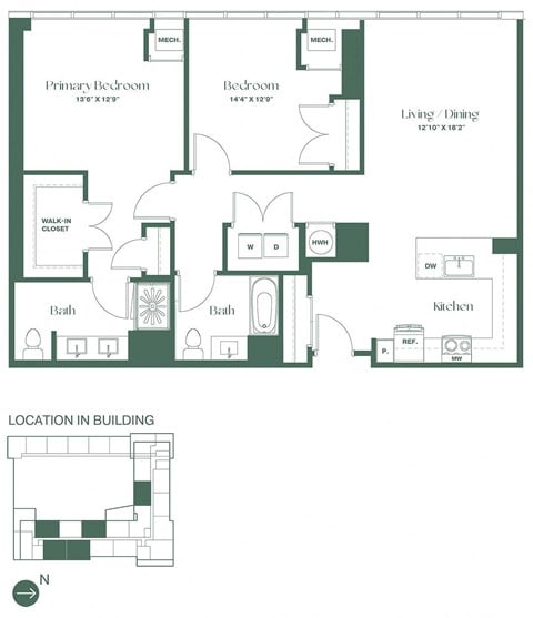 Floor plan for 2 beds, 2 baths, 1280 sqft