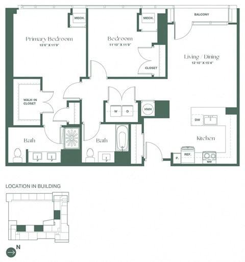 Floor plan for 2 beds, 2 baths, 1250 sqft