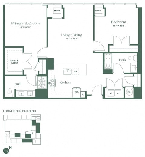 Floor plan for 2 beds, 2 baths, 1280 sqft