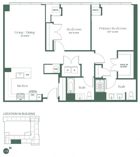 Floor plan for 2 beds, 2 baths, 1370 sqft