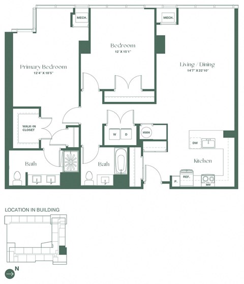 Floor plan for 2 beds, 2 baths, 1450 sqft