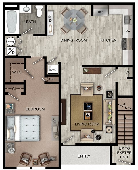Floor plan for 1 bed, 1 bath, 765 sqft