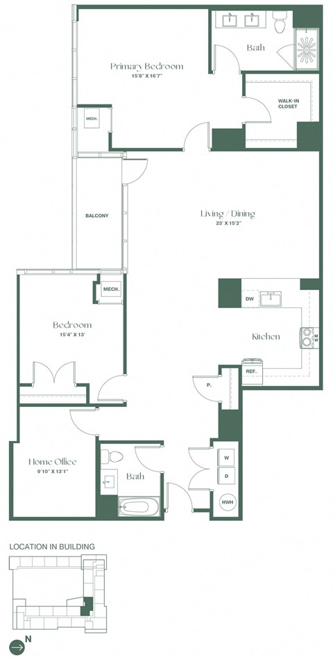 Floor plan for 2 beds, 2 baths, 1820 sqft