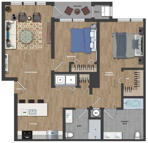 Floor plan for 2 beds, 2 baths, 972 sqft