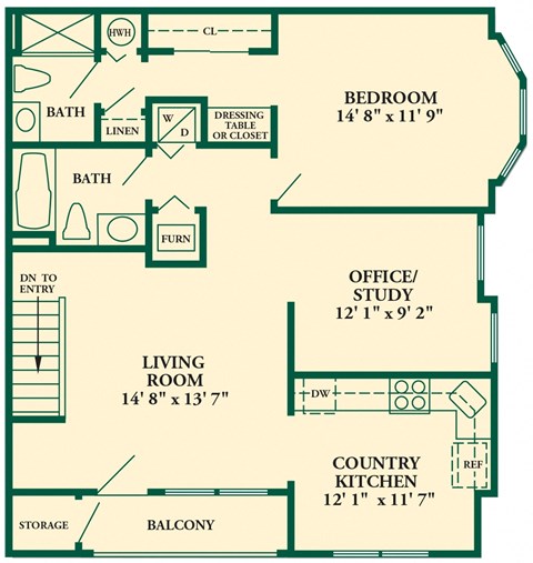 Floor plan for 1 bed, 2 baths, 1010 sqft