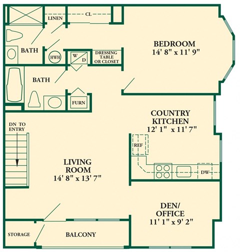 Floor plan for 1 bed, 2 baths, 1010 sqft