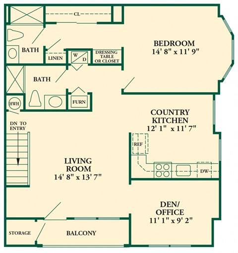 Floor plan for 1 bed, 2 baths, 1010 sqft