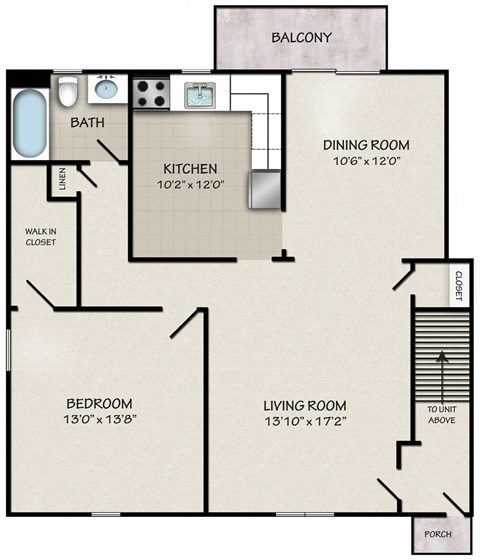 Floor plan for 1 bed, 1 bath, 965 sqft