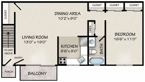 Floor plan for 1 bed, 1 bath, 800 sqft