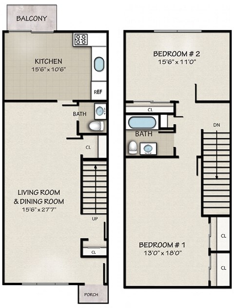 Floor plan for 2 beds, 1.5 baths, 1280 sqft