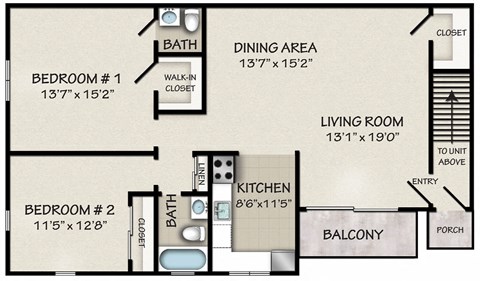 Floor plan for 2 beds, 1.5 baths, 1111 sqft
