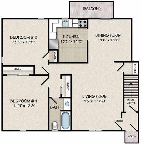 Floor plan for 2 beds, 1 bath, 1018 sqft