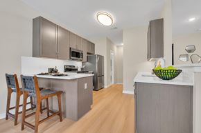 Monmouth Junction apartment for rent - Interior photo of the Boulders at Beekman showing luxury vinyl flooring, gray cabinets, white granite countertops and stainless steel appliances.