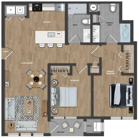 Floor plan for 2 beds, 2 baths, 962 sqft