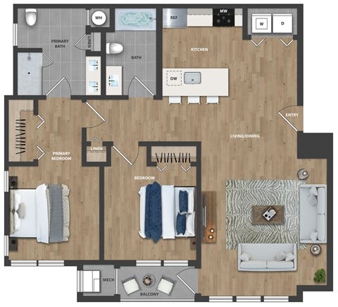 Floor plan for 2 beds, 2 baths, 1024 sqft