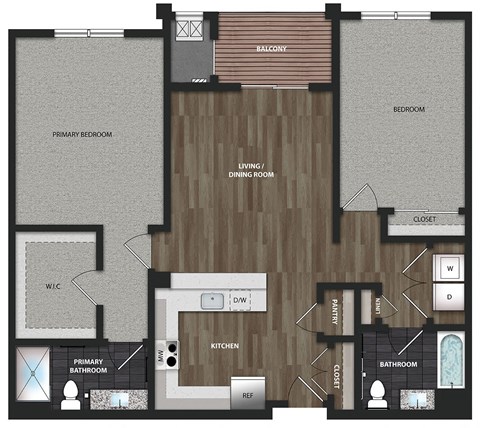 Floor plan for 2 beds, 2 baths, 1252 sqft