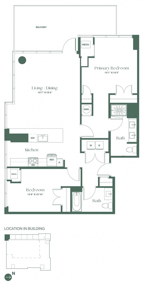 Floor plan for 2 beds, 2 baths, 1350 sqft