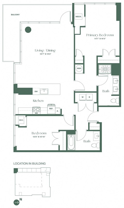 Floor plan for 2 beds, 2 baths, 1400 sqft