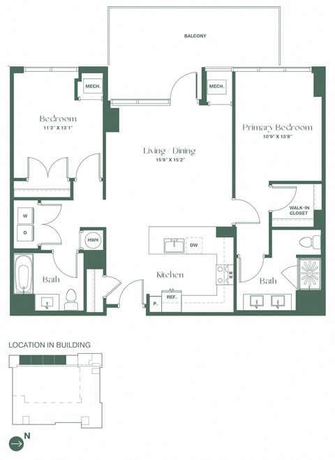 Floor plan for 2 beds, 2 baths, 1160 sqft