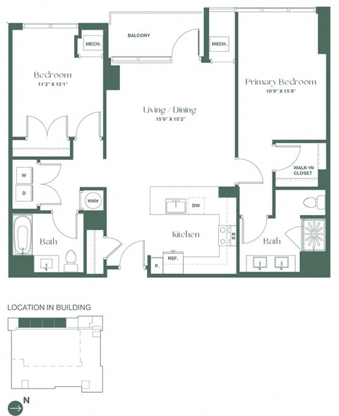 Floor plan for 2 beds, 2 baths, 1190 sqft