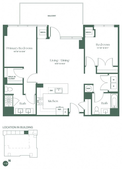 Floor plan for 2 beds, 2 baths, 1180 sqft