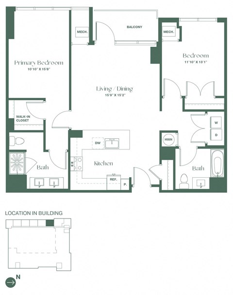 Floor plan for 2 beds, 2 baths, 1215 sqft