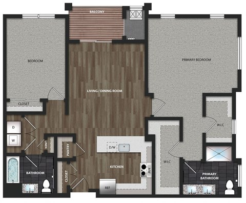 Floor plan for 2 beds, 2 baths, 1369 sqft