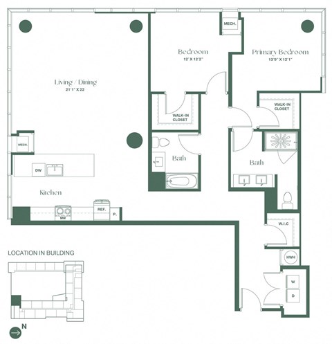 Floor plan for 2 beds, 2 baths, 1720 sqft